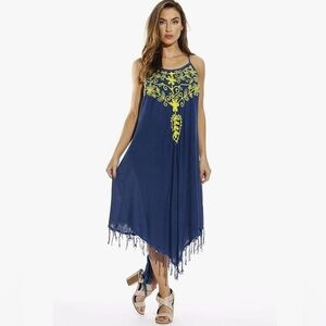 Blue and Yellow Embroidered Maxi Dress